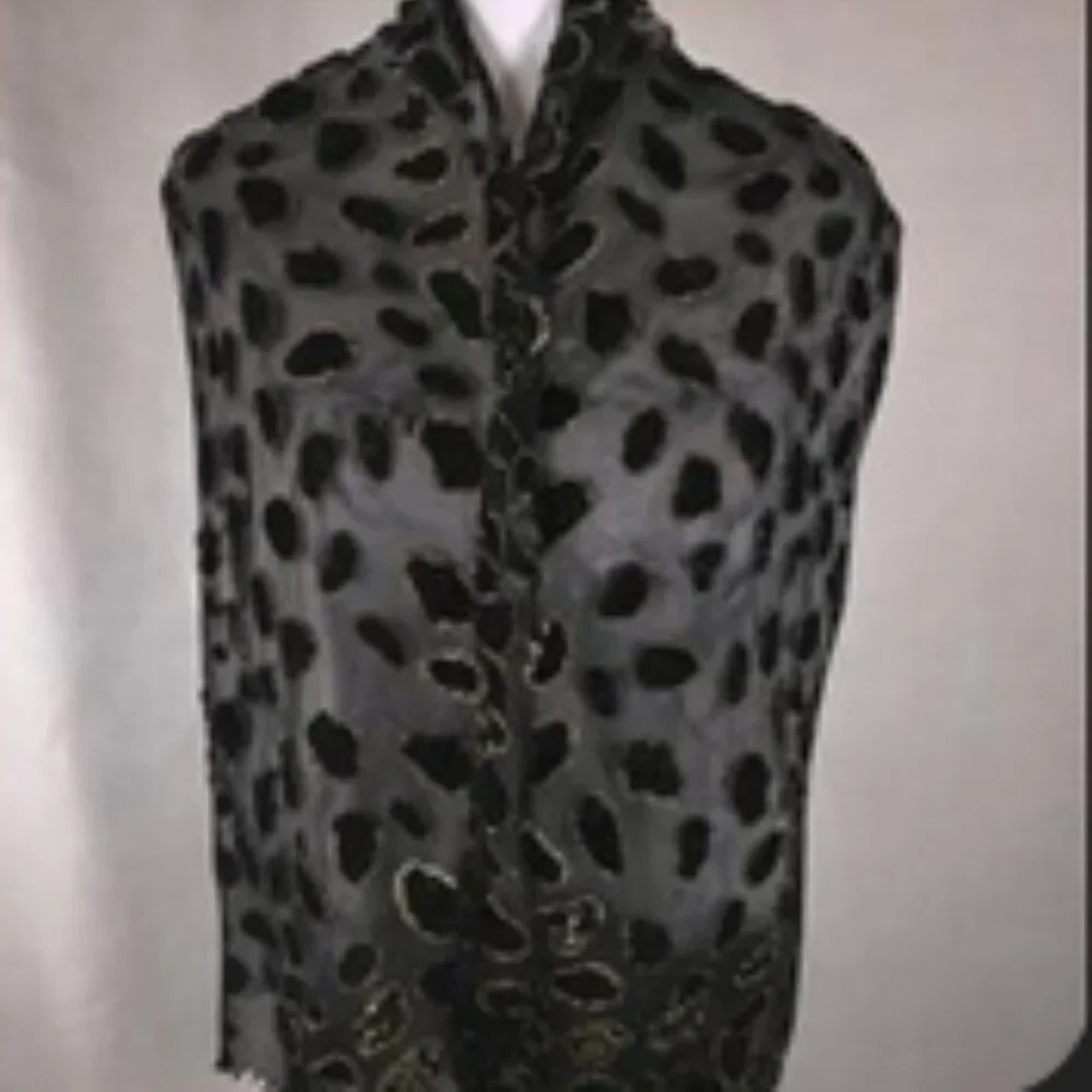 ✨ Vintage Black Velvet & Sheer Metallic Scarf — Made in Korea